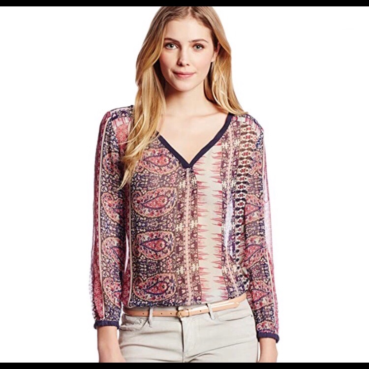 Lucky Brand Concord Paisley Sheer Hi Low Long Sleeve Blouse Size Small